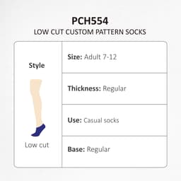 Low cut socks in various custom patterns and colours, suitable for adults sized 7-12. Regular thickness and style.