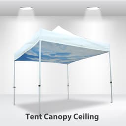 A white marquee tent with a blue sky design on the ceiling and four legs supporting it.