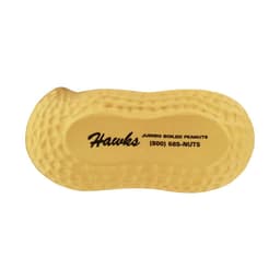 A yellow peanut-shaped stress reliever with textured detailing and a logo.