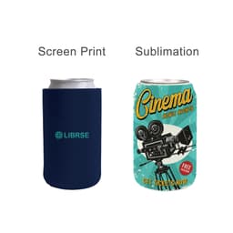 A drink bottle holder in navy blue, featuring a logo, displayed beside a colourful design for a cinema-themed holder.