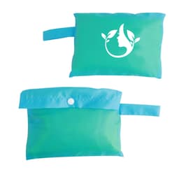 A green and blue mesh beach toy bag with a logo, featuring a zippered closure and a handle for easy carrying.