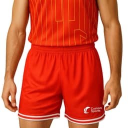 Red sport shorts made from 100% polyester, featuring a breathable design and a logo on the lower hem.