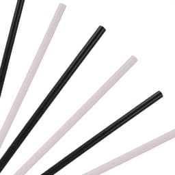 A collection of black and white disposable 4-ply straight drinking paper straws arranged in a fanned layout.