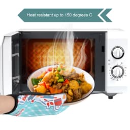 A neoprene oven mitt in a blue checkered pattern, protecting a hand while holding a bowl of steaming food from a microwave.