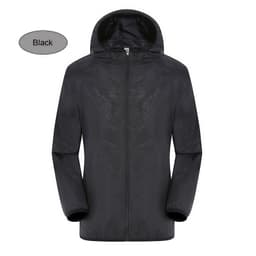 A black unisex jacket made of 100% polyester, featuring a hood and sun protection, with a smooth finish.