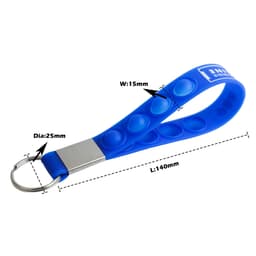 A blue silicone stress reliever keyring with popper buttons and a metal keyring attached.