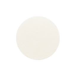 A round, white absorbent paper coaster with a textured surface and a simple design.