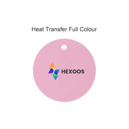 A round pink drink cover featuring a central logo. Includes a hole for attachment.