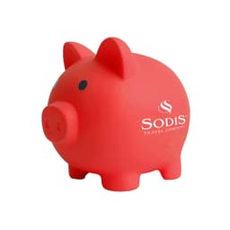 A red PVC piggy bank with a rounded body, pointy ears, and a logo on its side.