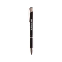 A black aluminium click pen featuring a silver clip and accents, with a logo displayed on the barrel.