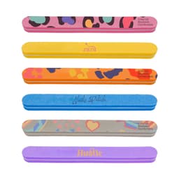 A set of sponge straight shape nail files in various vibrant colours and patterns, featuring branding on some files.