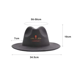 A black felt wide brim fedora hat with a logo, featuring dimensions of 56-58 cm circumference and 10 cm high.