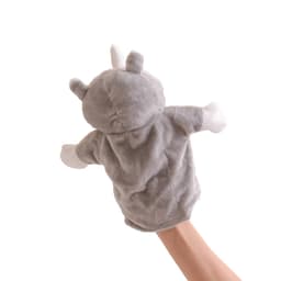 A grey rhinoceros hand puppet with white details, held up from below. It has small ears and a soft plush texture.