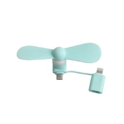 A teal 2 in 1 smartphone fan with a USB connection and a small adaptor. It features two blades for cooling.
