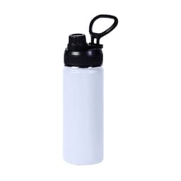 A drink bottle in glossy white and black, featuring a carry handle and a double wall vacuum design.