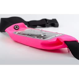 A pink waist bag features a clear, water-resistant compartment and a black strap for securing around the waist.