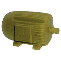 An engine-shaped stress reliever in yellow, featuring textured details and a small exit pipe, with branding present.