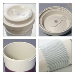 A coffee cup featuring a light beige body with a grey ribbed sleeve and a white lid, showcasing various angles and details.