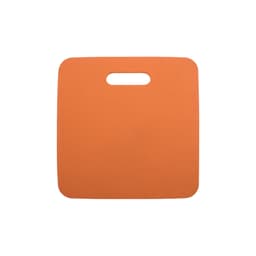 An orange stadium seat cushion with a handle for easy transport. It features a smooth surface and rounded corners.