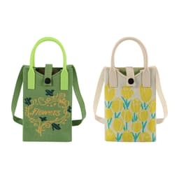 Two knitted phone crossbody bags in green and cream, featuring floral designs and handles. One has a logo.