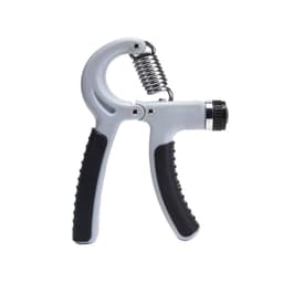 A grey adjustable hand grip with a spring and black textured grips. It features a circular adjustment knob.