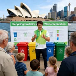 A man in a green and white polo shirt stands before a recycling information display, surrounded by a group of people and bins.