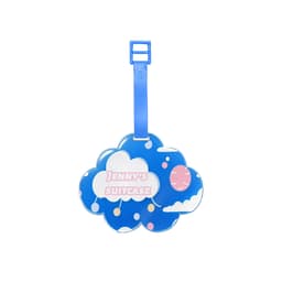 Acrylic luggage tag shaped like a cloud, featuring a blue background with colourful clouds and a pink balloon.