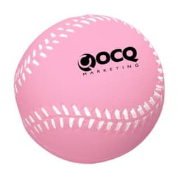 A pink baseball-shaped stress reliever with white stitching and a logo. Ideal for fun and stress relief.