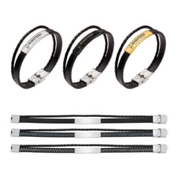 A set of double-layer leather bracelets in black and gold, featuring metal clasps and branding.