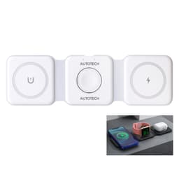 A white 3-in-1 foldable MagSafe wireless charger with ports for charging phones and accessories, featuring a logo.