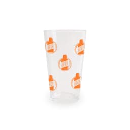 A clear glass tumbler featuring an orange logo design. The glass has a simple, sleek shape.