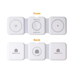 A foldable MagSafe wireless charger in white, featuring three charging pads on the front and a logo on the back.