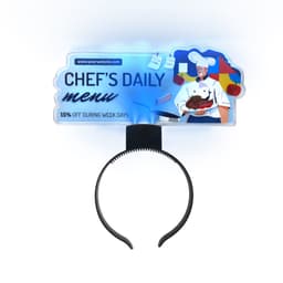 A light-up acrylic sign headband featuring a chef design in vibrant colours, with a black headband.