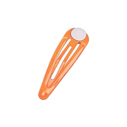 An orange hair clip with a circular top, featuring a shiny finish. The clip has an elongated, slim design and a logo.