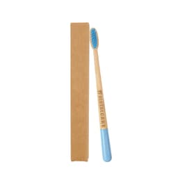A large conical handle toothbrush with a blue handle and a wooden body, beside a simple brown packaging box.