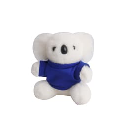 A fluffy white koala plush toy wearing a blue outfit, featuring a small black nose and large ears.