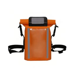An orange waterproof crossbody handlebar bag features reflective strips and adjustable straps. It has a clear front pocket.