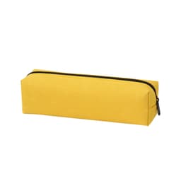 A yellow pencil case with a zip closure, featuring a simple rectangular design and a small logo.