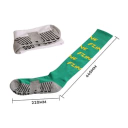 Knee high green football socks with a grey towel bottom and a logo, featuring a custom pattern design.