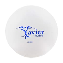 A white stress ball shaped like a tablet with a blue logo on one side.