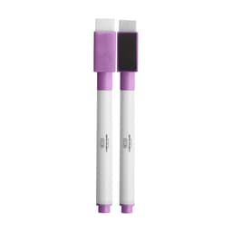 Two magnetic whiteboard markers in purple and white, featuring chisel tips and a branding logo.