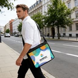 A man carries a black messenger bag featuring a vibrant, colourful design while walking along a city street.