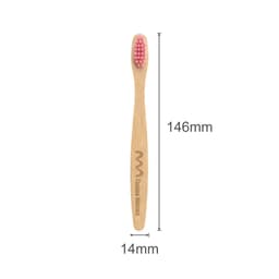 A small bamboo toothbrush with a pink bristle head and a wooden handle, featuring a logo.