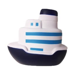 A ship-shaped stress reliever, featuring a white and navy design with blue stripes. It has a logo on the side.