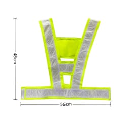 A bright yellow reflective safety vest featuring adjustable straps and a logo. Measures 56cm in width and 48cm in height.