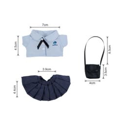 A plush doll uniform set featuring a light blue shirt, navy skirt, and a black bag, with various dimensions listed.