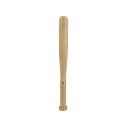 A baseball bat-shaped pen in a light wood colour, featuring a gold band near the writing end and a logo.