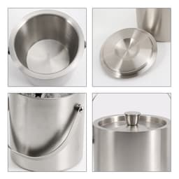 A stainless steel ice bucket with a lid and handle, featuring a smooth finish and a sleek design.