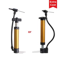 A dual-action pump featuring a metallic gold body and black accents, designed for inflating sports equipment.