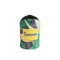 A drink bottle holder featuring a tropical design with green and yellow colours, and a logo.